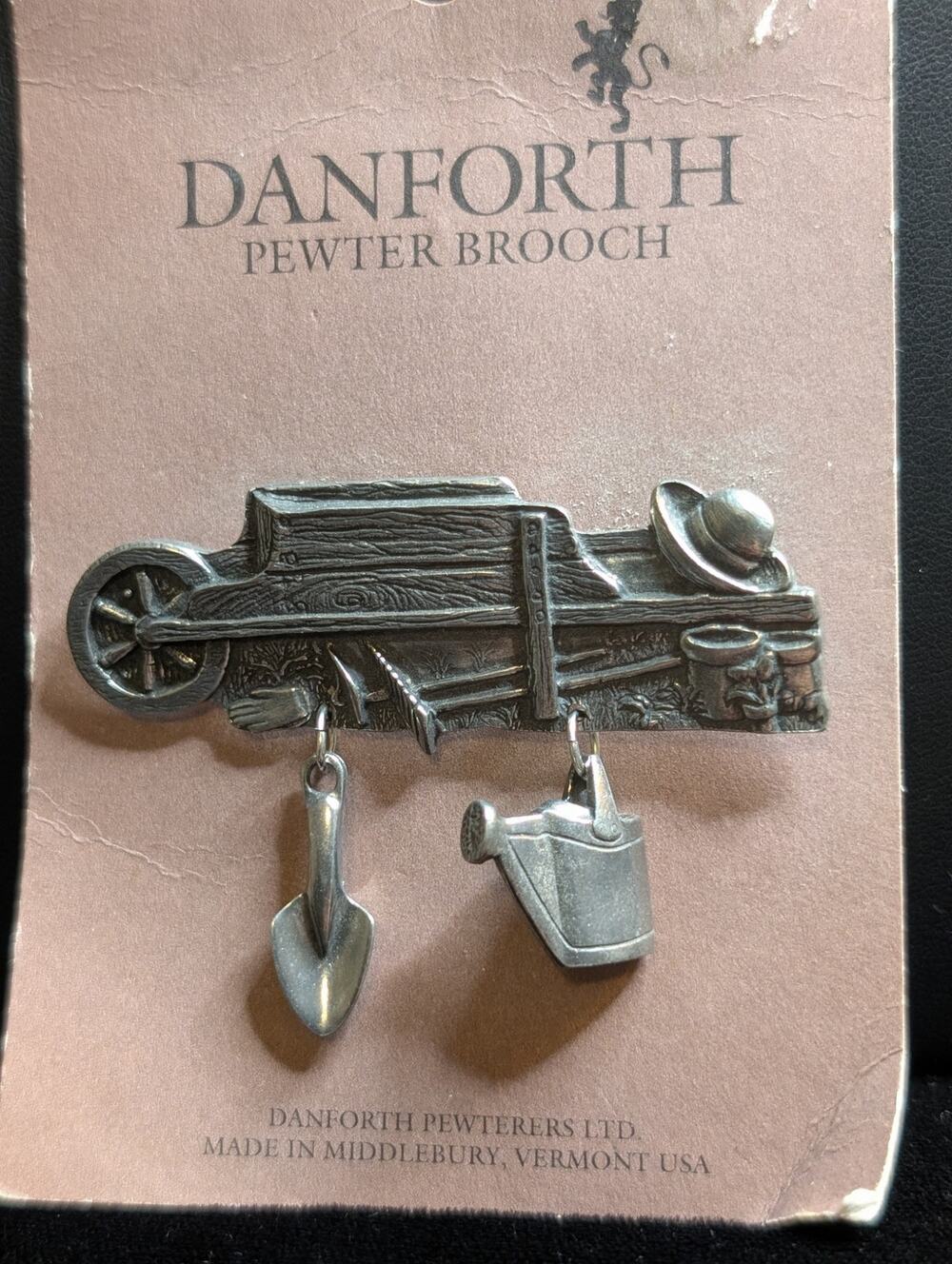Danforth Pewterers Ltd. Made in Vermont Vtg Gardening Themed Pewter Brooch NWT